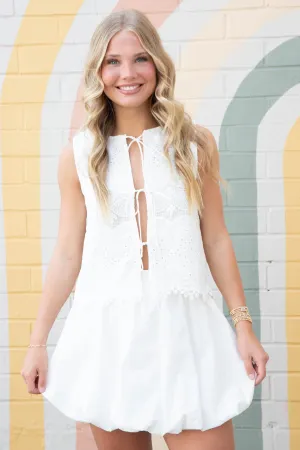 Demi Tie Front Embroidered Top, White