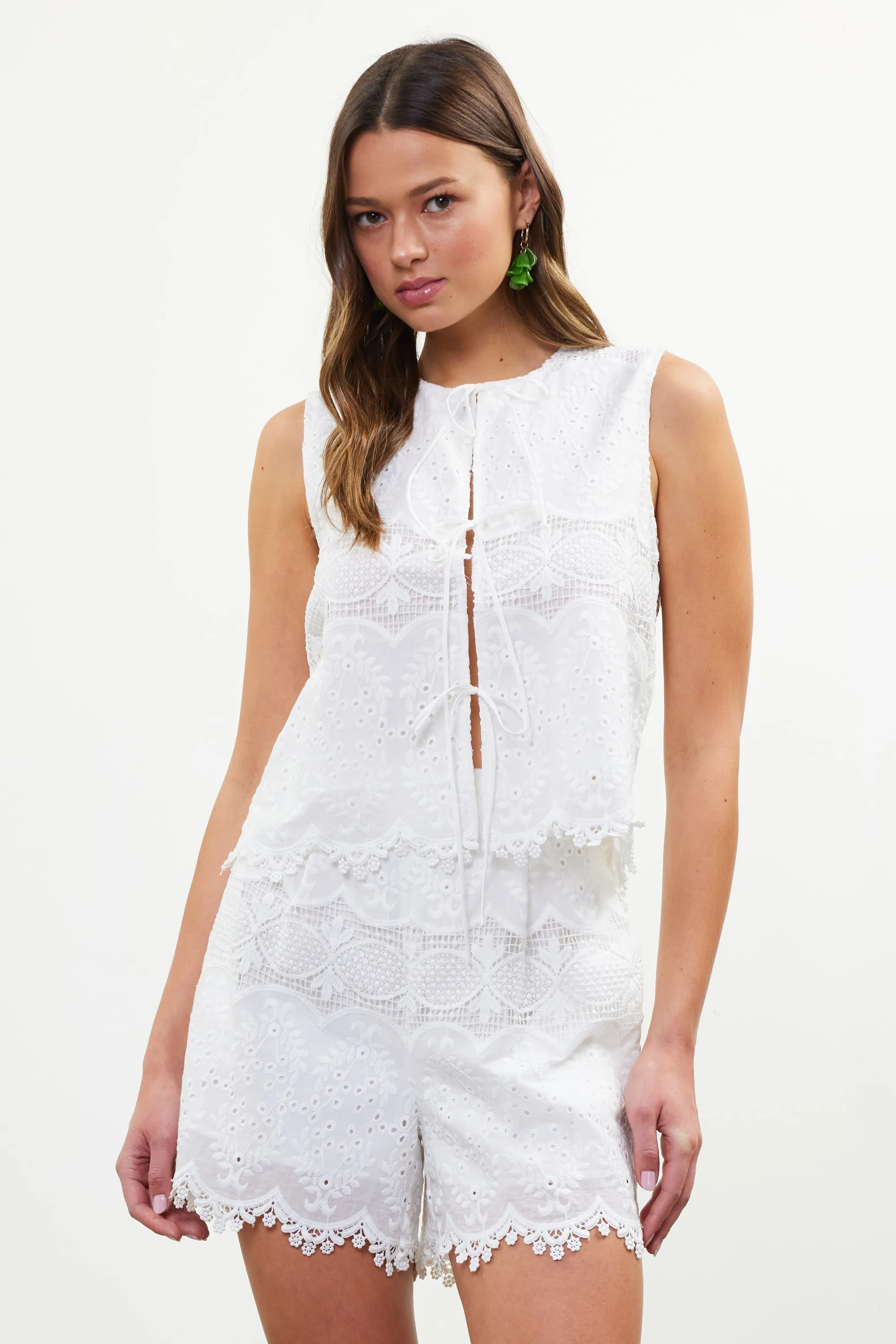 Demi Tie Front Embroidered Top, White