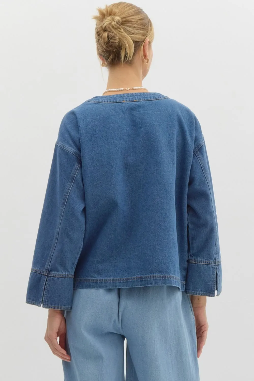Denim jacket featuring front bow tie