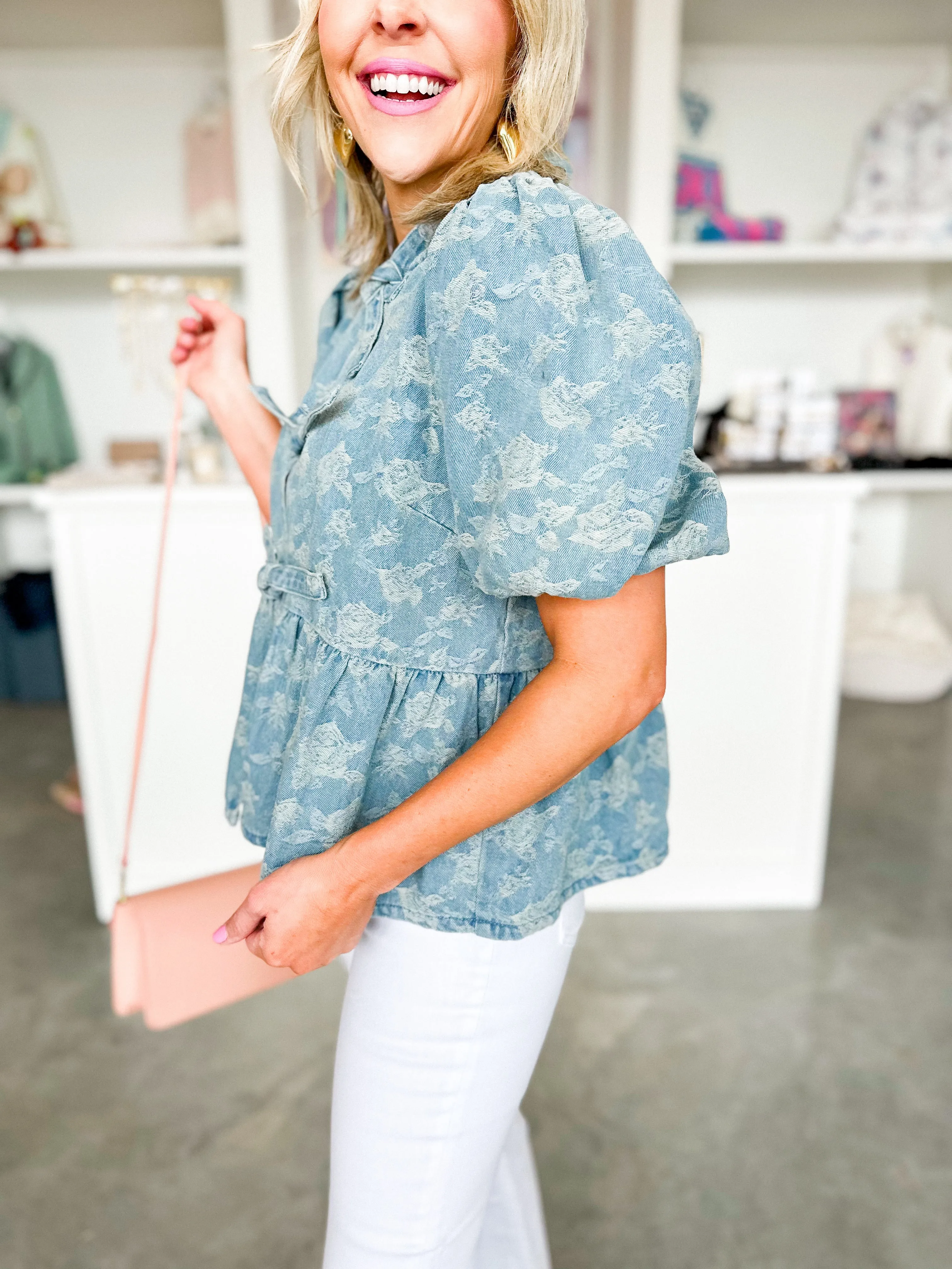 Denim Jacquard Bow Top