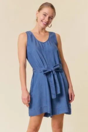 Denim Romper with Self Tie Belt