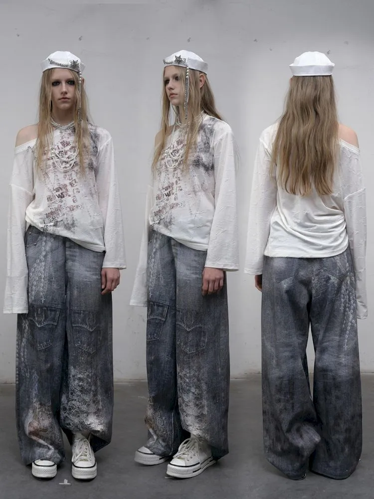 Denim straight leg wide leg pants【s0000012320】