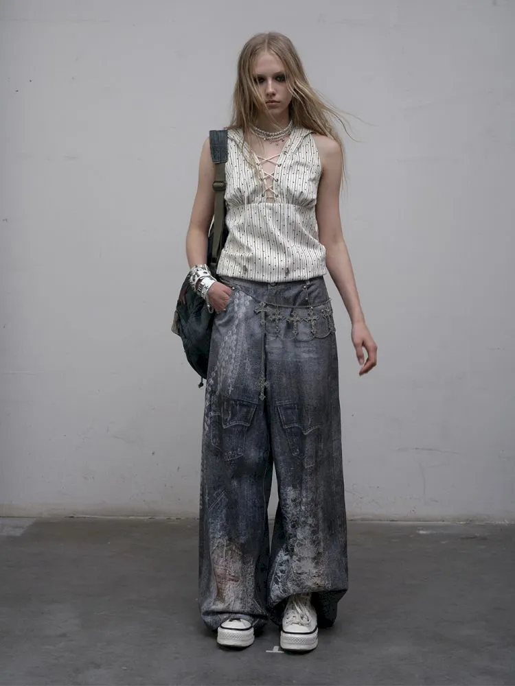 Denim straight leg wide leg pants【s0000012320】