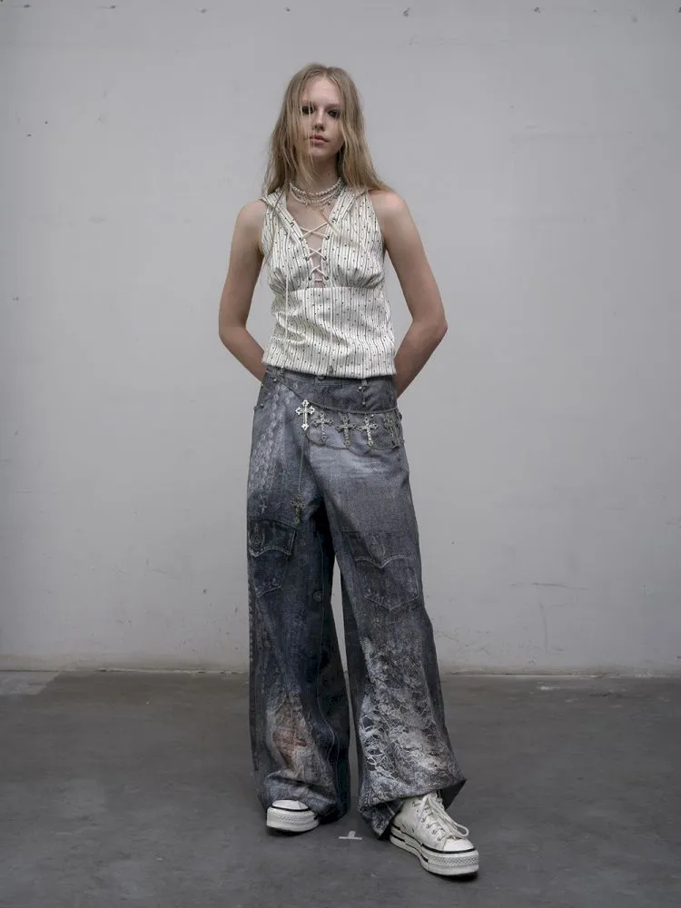 Denim straight leg wide leg pants【s0000012320】