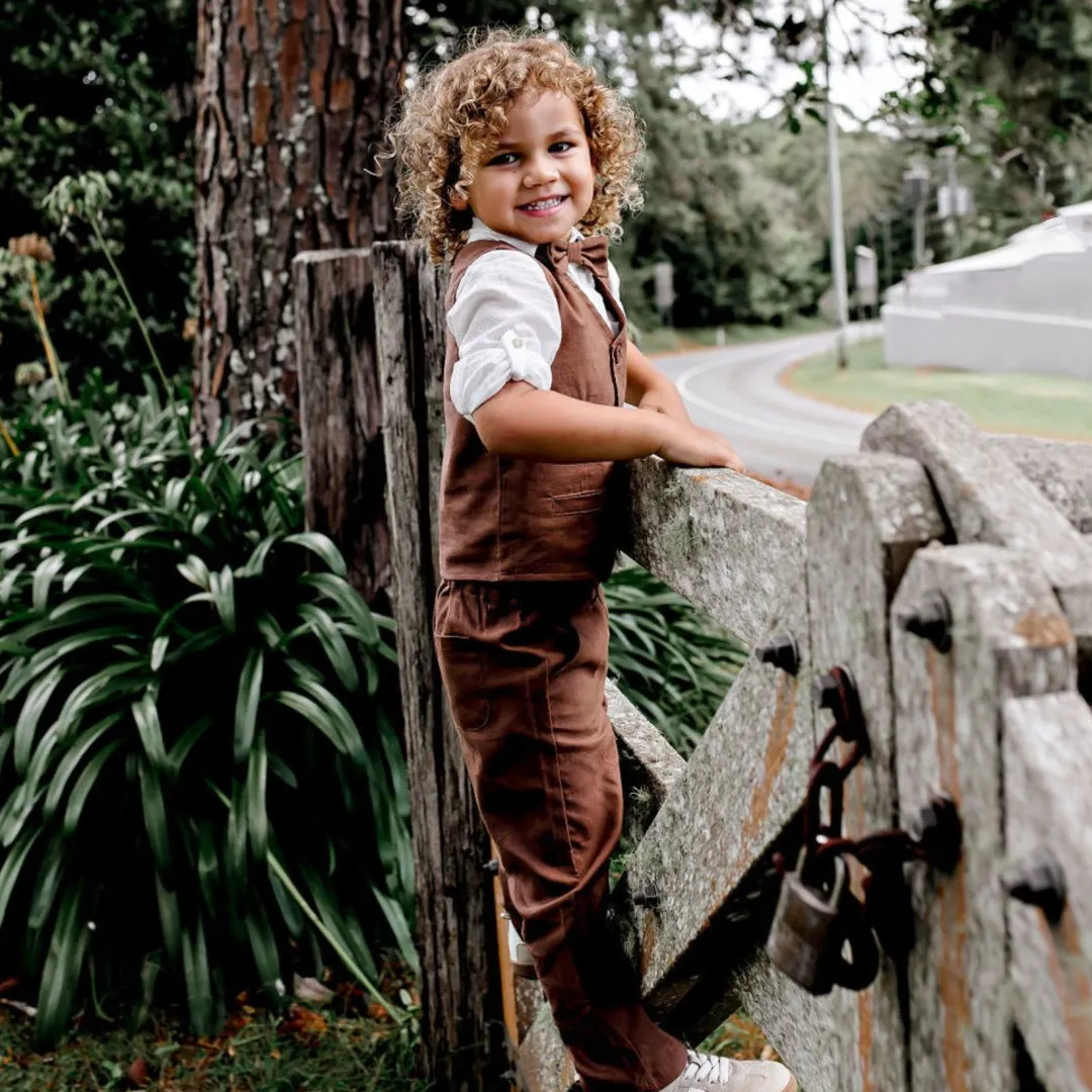 DESIGNER KIDZ BOYS FINLEY LINEN VEST - CHOCOLATE