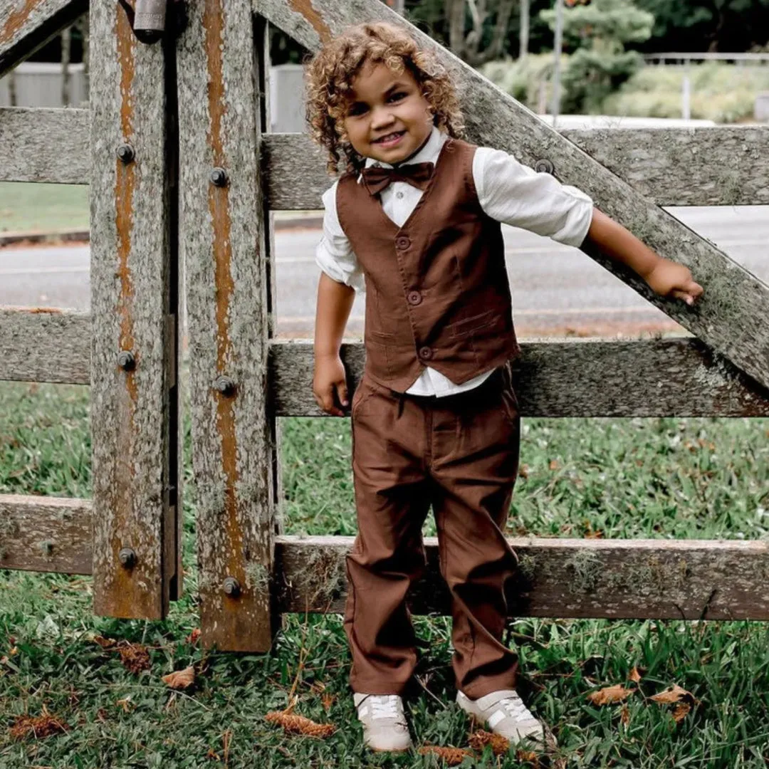 DESIGNER KIDZ BOYS FINLEY LINEN VEST - CHOCOLATE