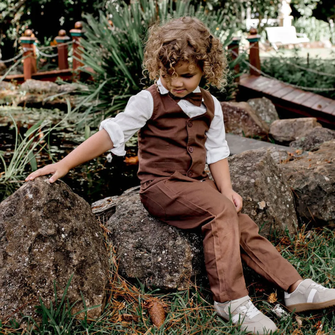 DESIGNER KIDZ BOYS FINLEY LINEN VEST - CHOCOLATE