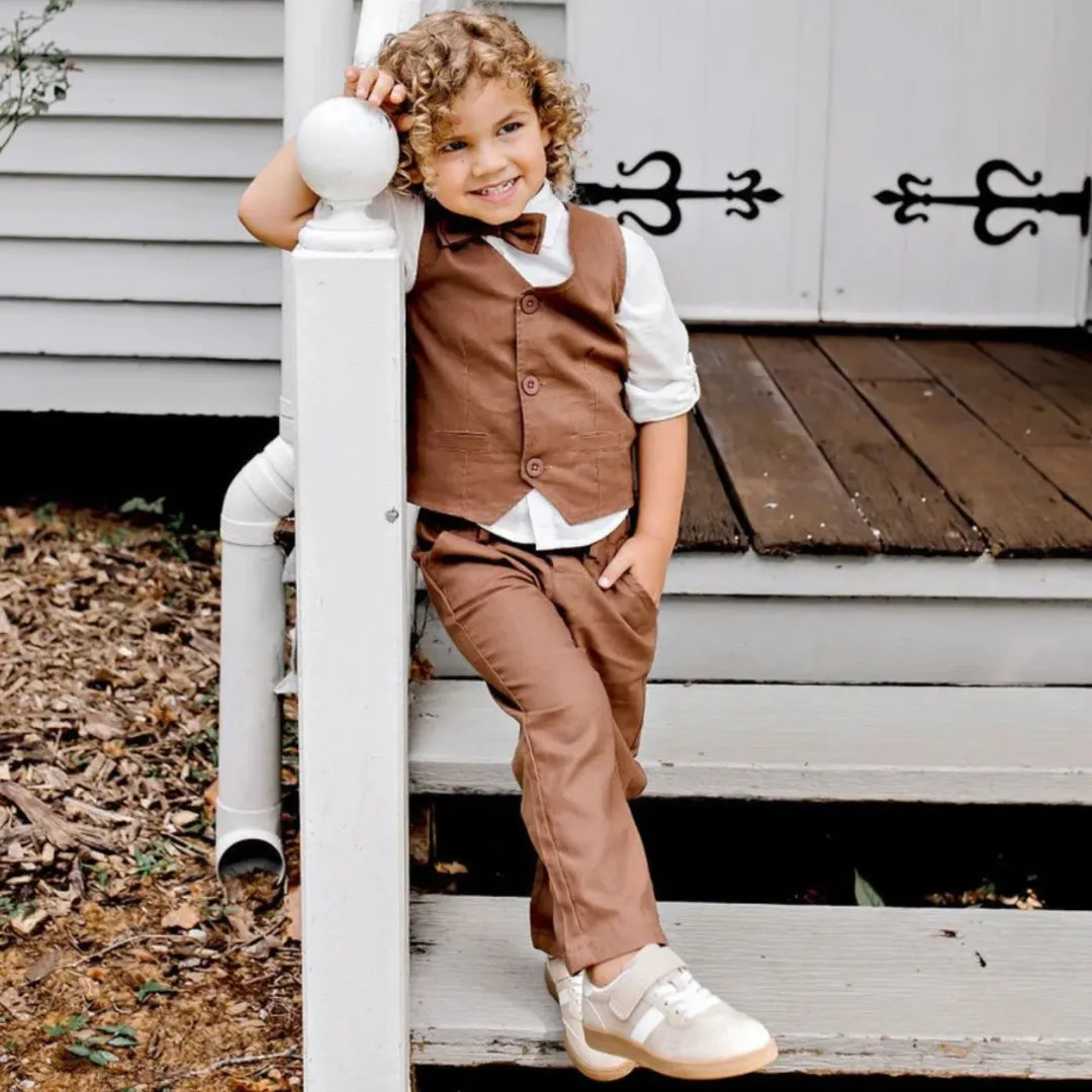 DESIGNER KIDZ BOYS FINLEY LINEN VEST - CHOCOLATE