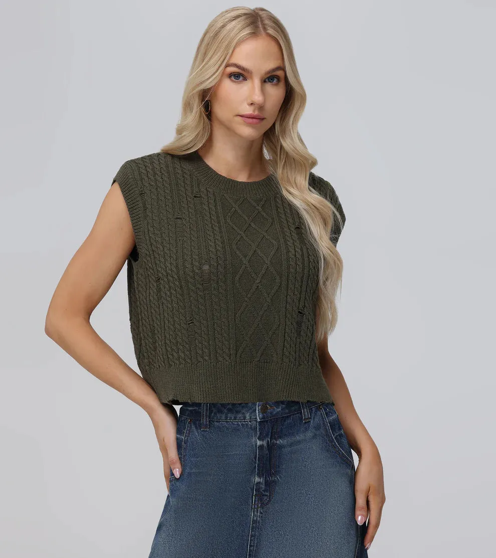 Distressed Cable Sweater Vest - Military Olive