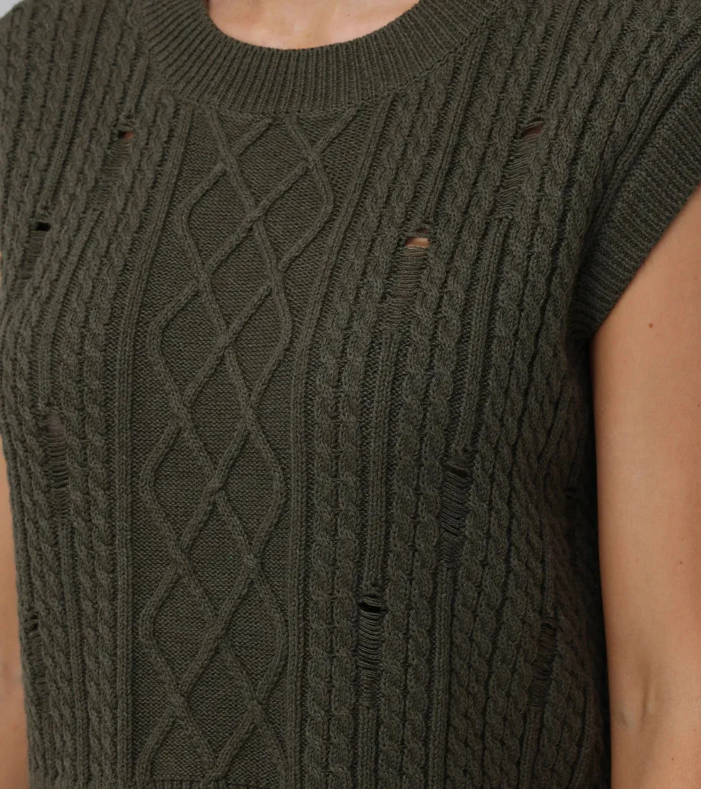 Distressed Cable Sweater Vest - Military Olive
