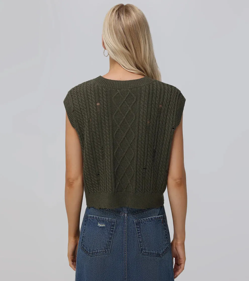 Distressed Cable Sweater Vest - Military Olive