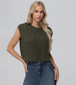 Distressed Cable Sweater Vest - Military Olive