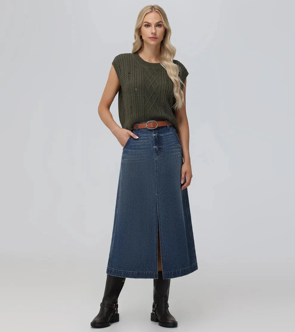 Distressed Cable Sweater Vest - Military Olive