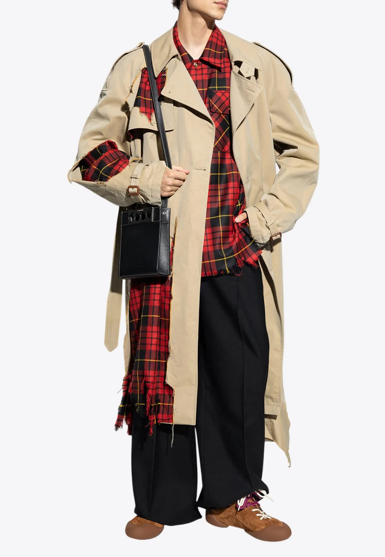 Distressed Tartan Trench Coat