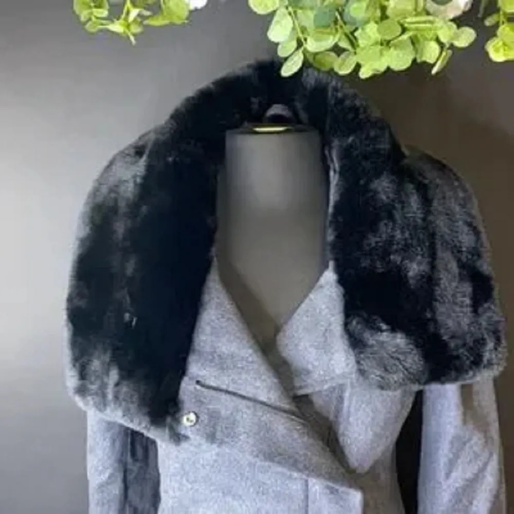 Dkny Grey Asymmetrical Faux-Fur-Collar Coat, XS