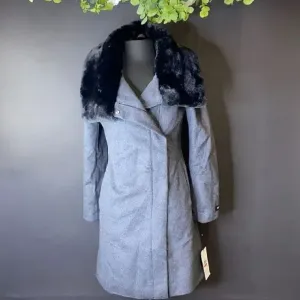 Dkny Grey Asymmetrical Faux-Fur-Collar Coat, XS