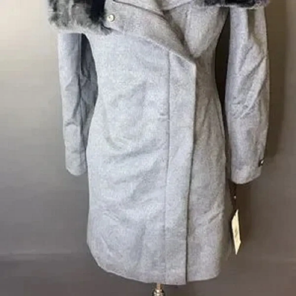 Dkny Grey Asymmetrical Faux-Fur-Collar Coat, XS