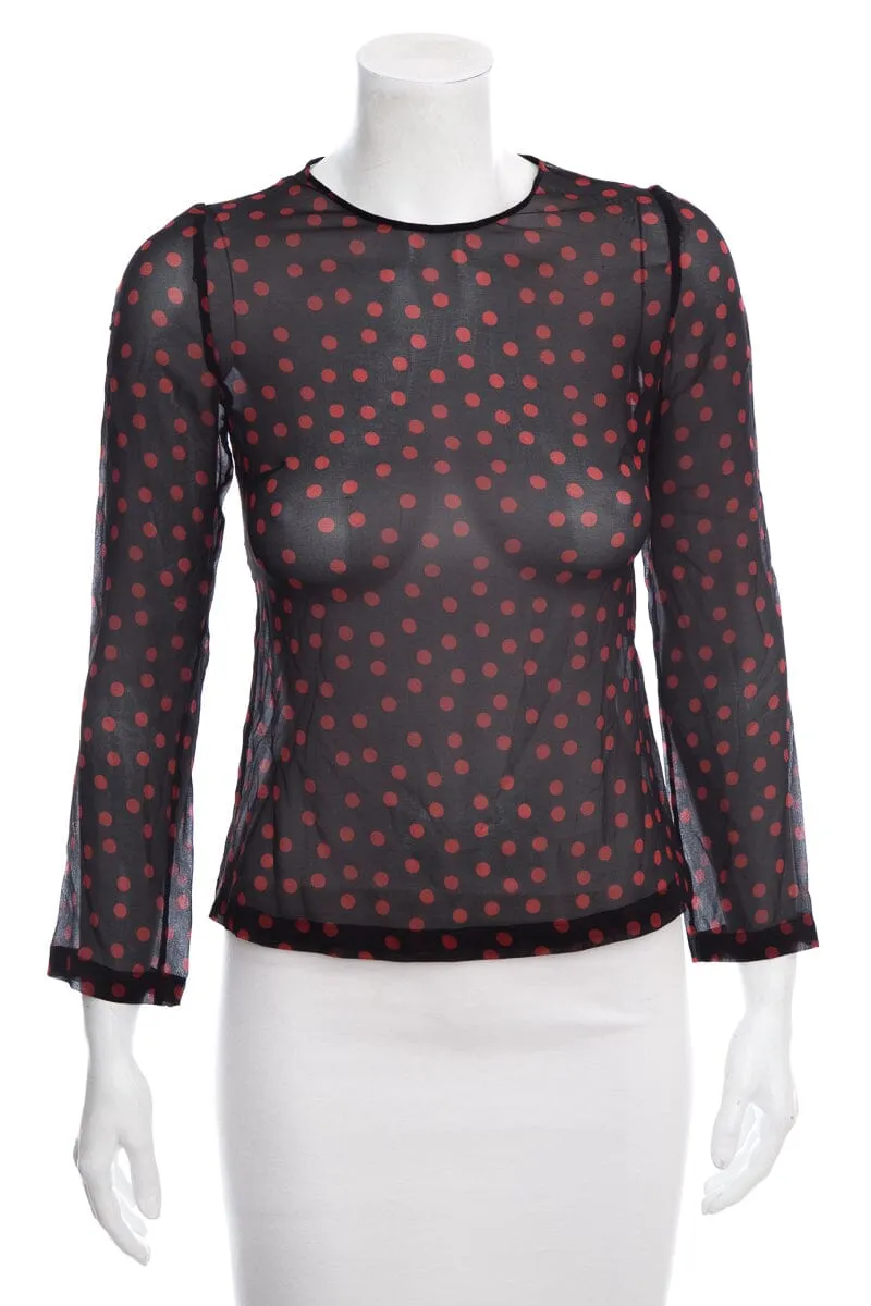 Dolce & Gabbana Red & Black Long Sleeve Sheer Polka Dot Blouse SZ 38
