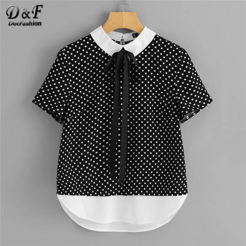 Dotfashion Contrast Tie Neck And Hem Polka Dot Summer Shirt Women Short Sleeve Button Bow Tops 2018 Preppy Style Blouse