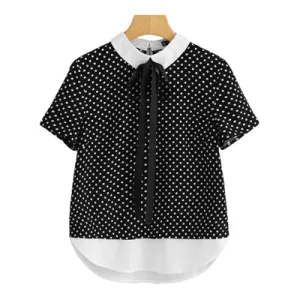Dotfashion Contrast Tie Neck And Hem Polka Dot Summer Shirt Women Short Sleeve Button Bow Tops 2018 Preppy Style Blouse