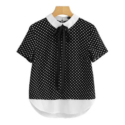 Dotfashion Contrast Tie Neck And Hem Polka Dot Summer Shirt Women Short Sleeve Button Bow Tops 2018 Preppy Style Blouse