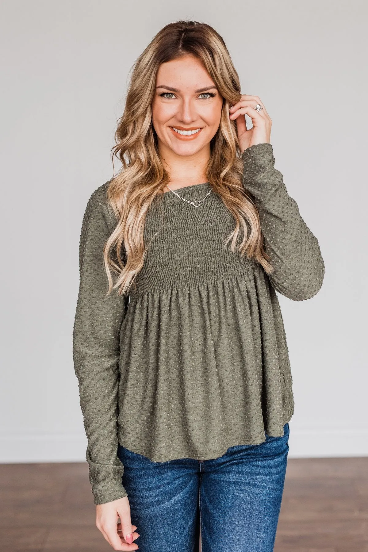 Doting Love Smocked Babydoll Top- Olive