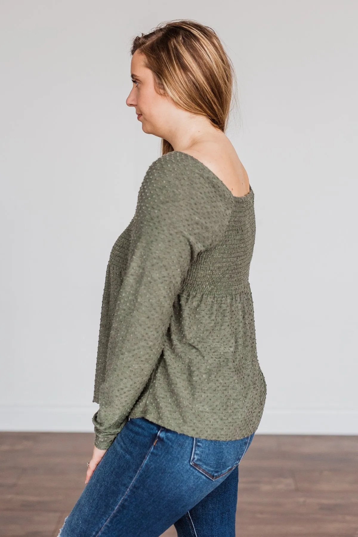 Doting Love Smocked Babydoll Top- Olive