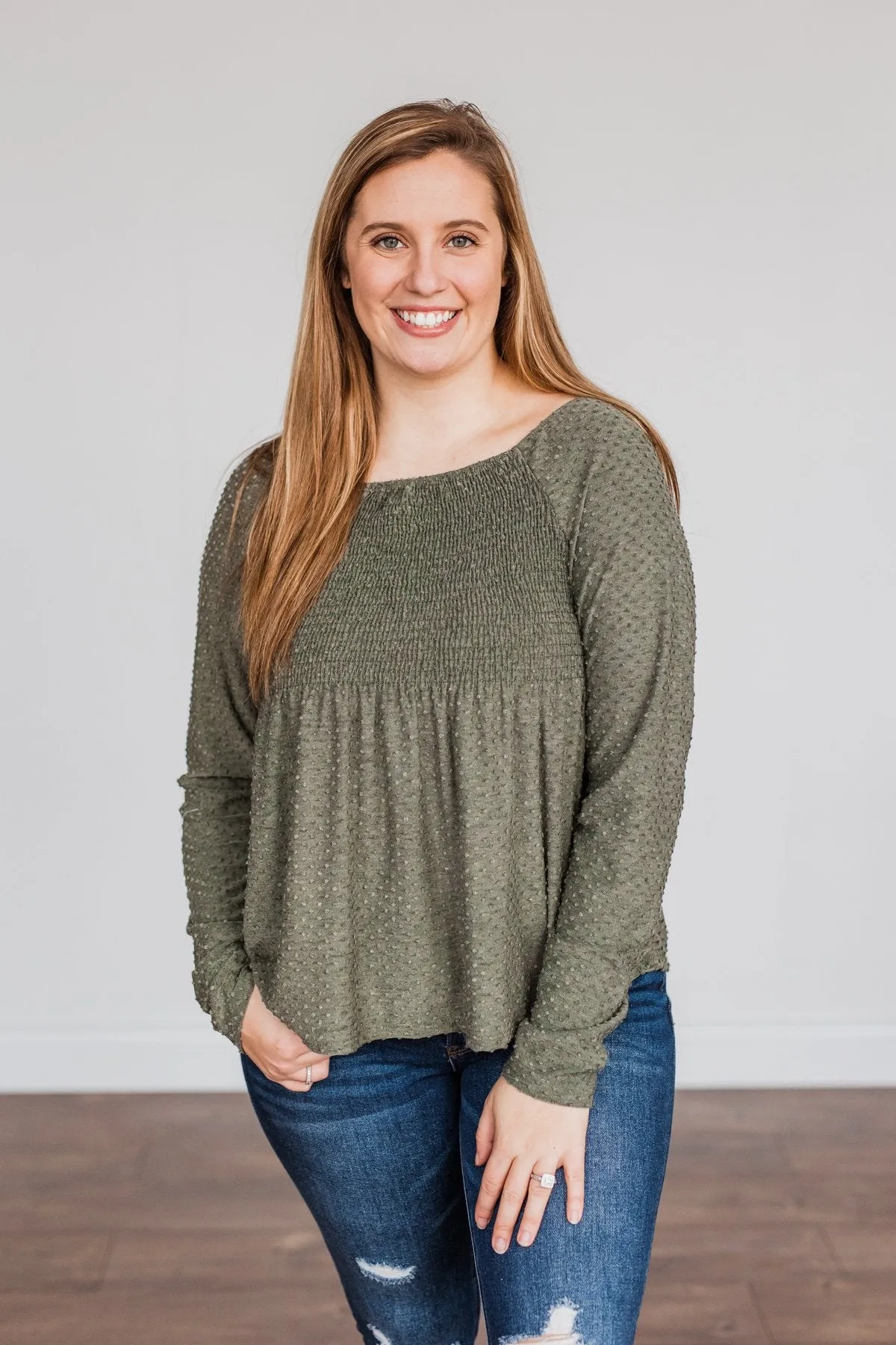 Doting Love Smocked Babydoll Top- Olive