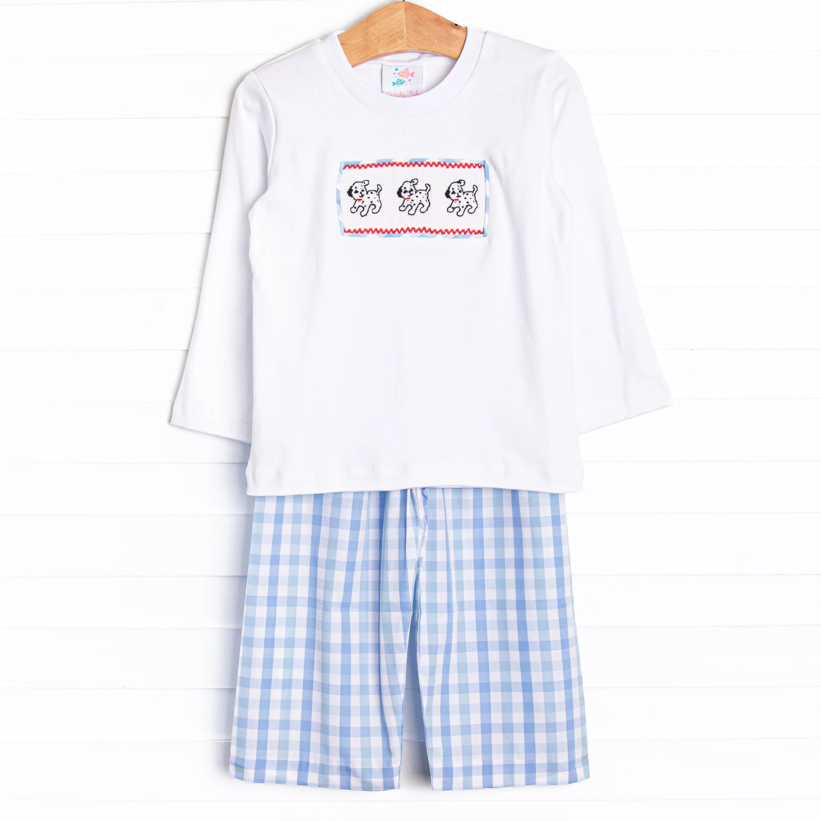 Dotted Dalmatians Smocked Pant Set, Blue