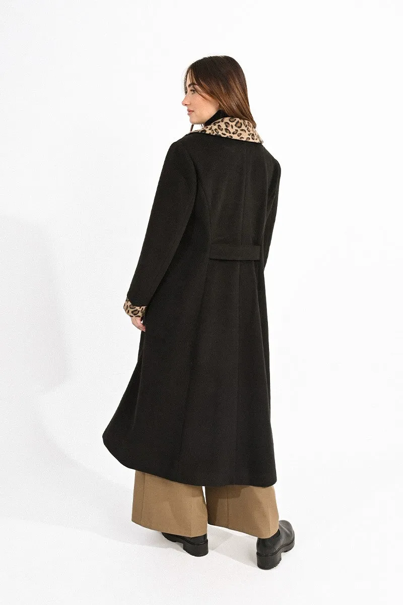 DOUBLE-BREASTED COAT WITH LEOPARD COLLAR