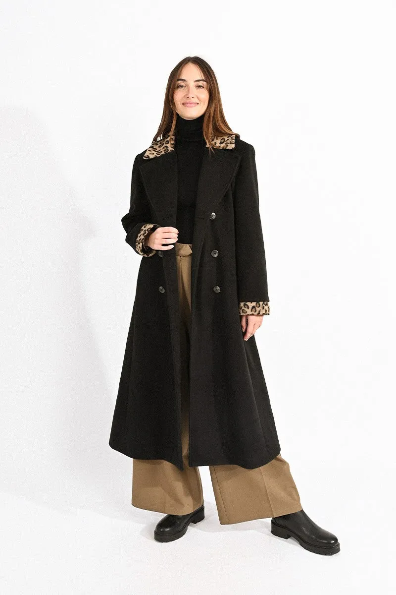 DOUBLE-BREASTED COAT WITH LEOPARD COLLAR