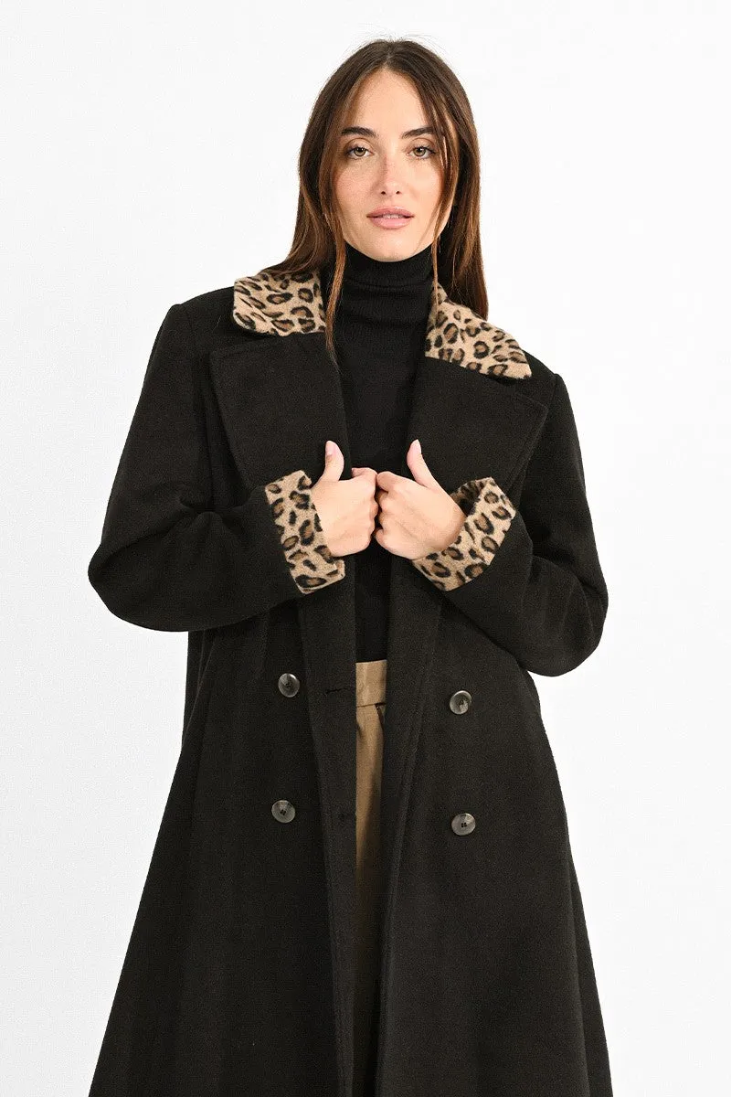 DOUBLE-BREASTED COAT WITH LEOPARD COLLAR