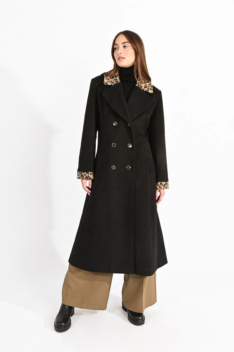 DOUBLE-BREASTED COAT WITH LEOPARD COLLAR