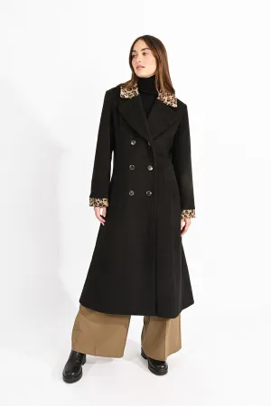 DOUBLE-BREASTED COAT WITH LEOPARD COLLAR