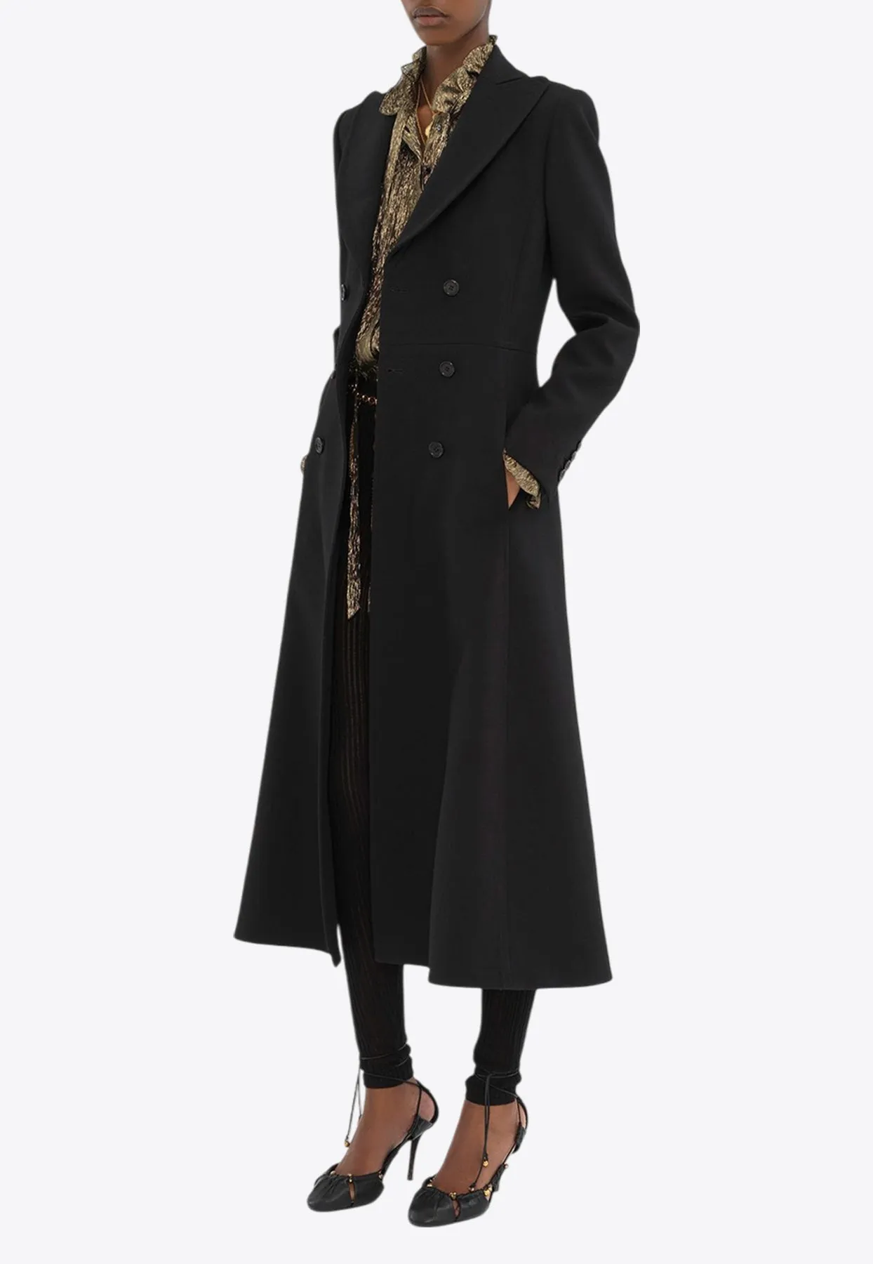 Double-Breasted Wool Crepe Long Coat