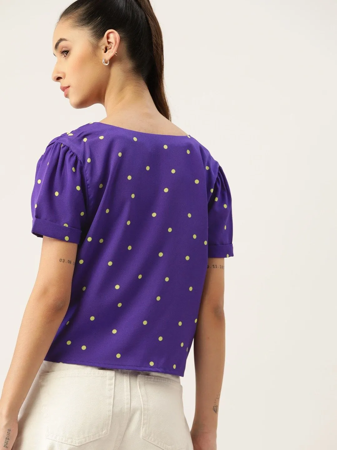 DressBerry Women Purple & Lime Green Print Shirt Style Top