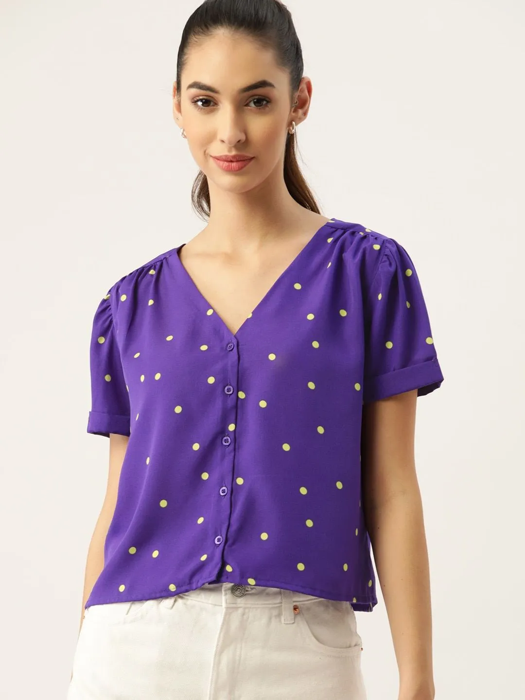 DressBerry Women Purple & Lime Green Print Shirt Style Top