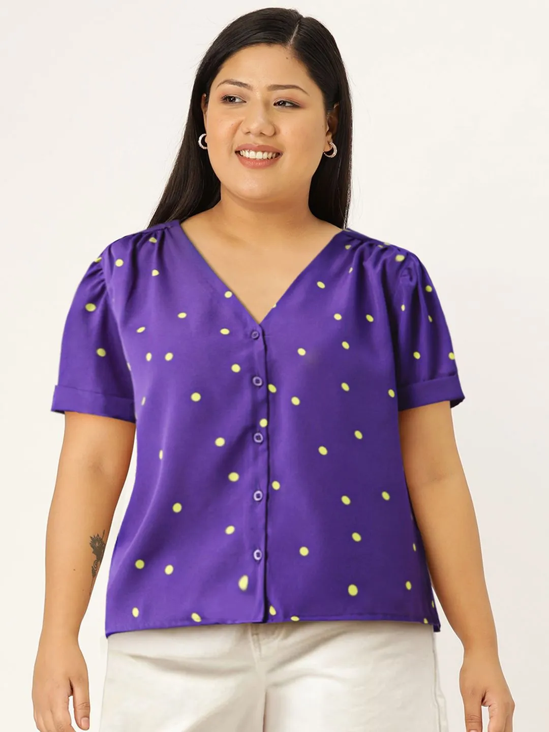 DressBerry Women Purple & Lime Green Print Shirt Style Top