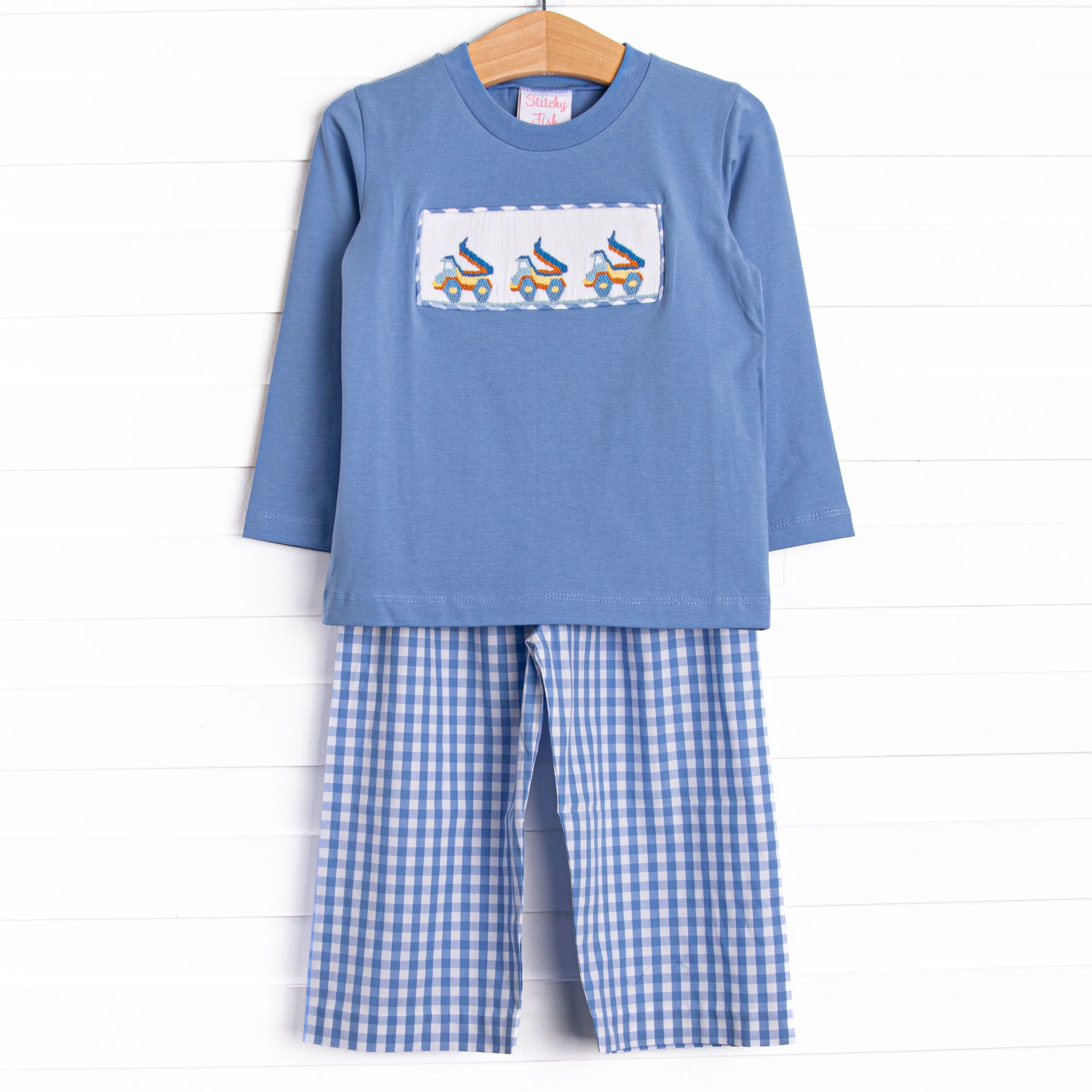 Dump Truck Trio Smocked Pant Set, Blue