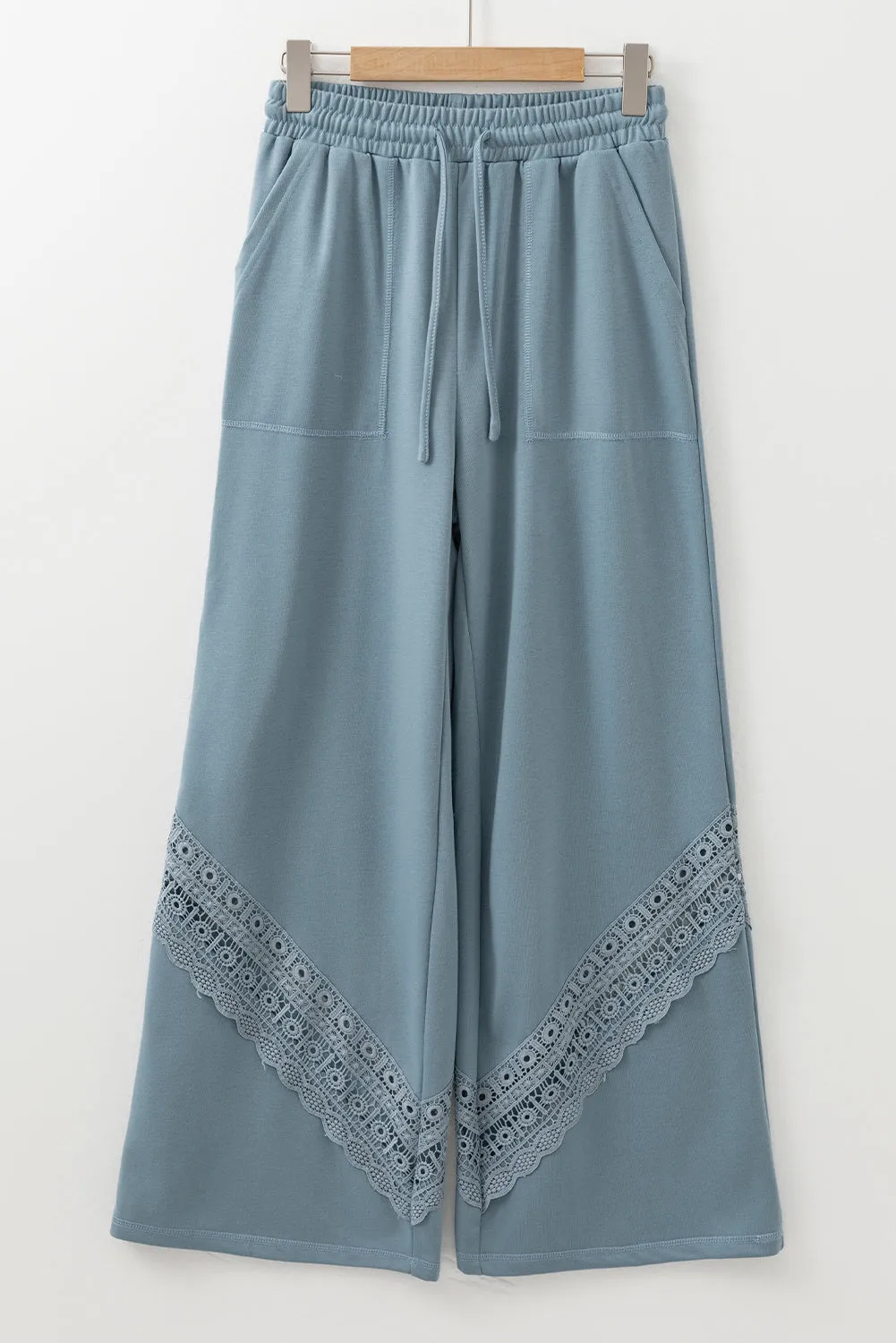 Dusk Blue Lace Crochet Patched Lace-up High Waist Wide Leg Pants