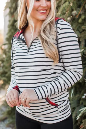 Easy To Love Quarter Zip Hoodie- Oatmeal & Buffalo Plaid