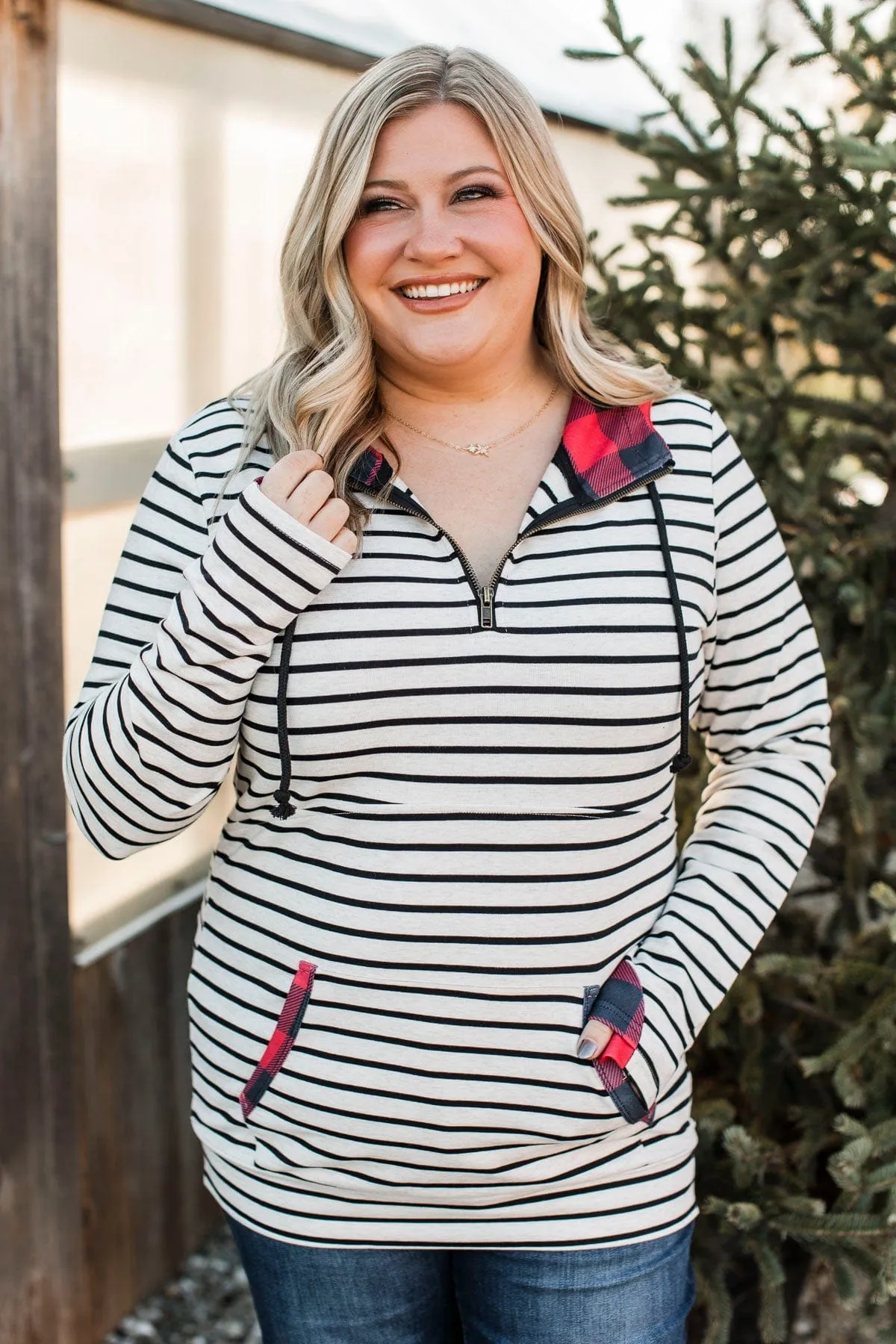 Easy To Love Quarter Zip Hoodie- Oatmeal & Buffalo Plaid