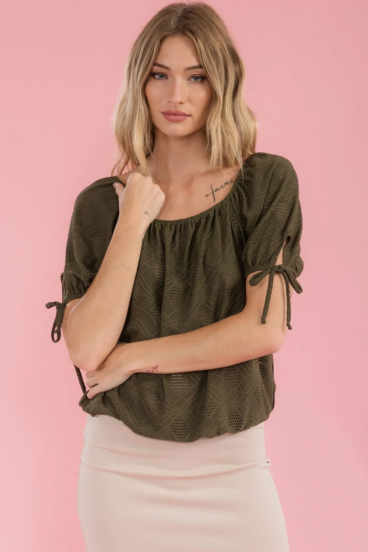 ELASTIC NECK BUBBLE HEM TIE SLEEVE PEASANT TOP