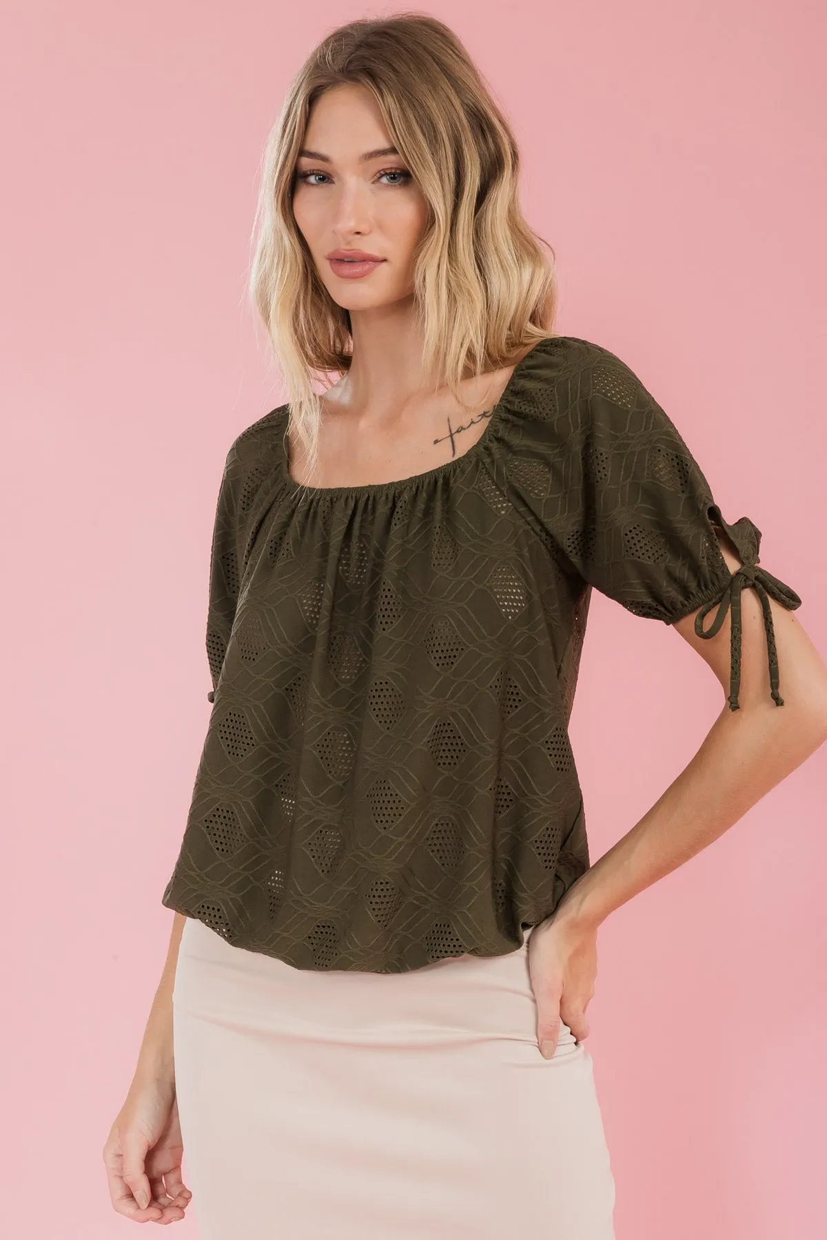 ELASTIC NECK BUBBLE HEM TIE SLEEVE PEASANT TOP