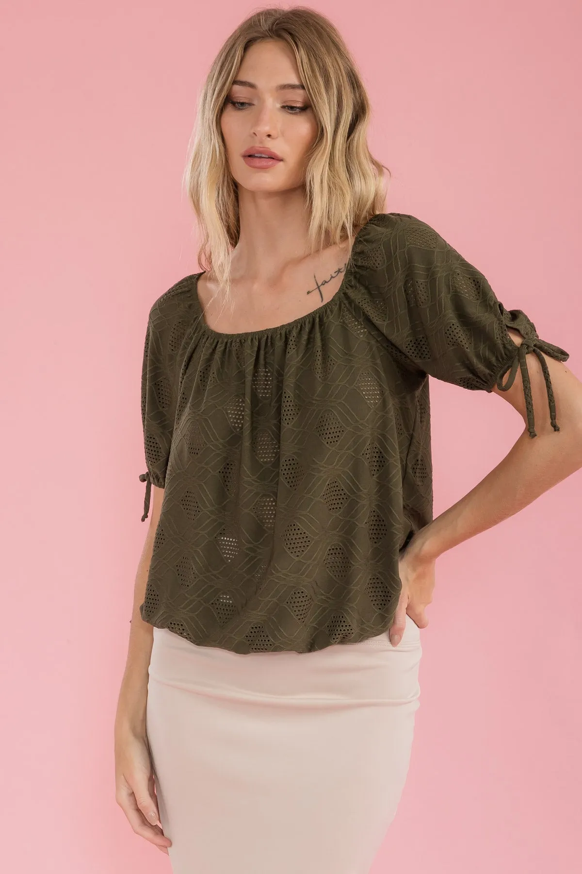 ELASTIC NECK BUBBLE HEM TIE SLEEVE PEASANT TOP