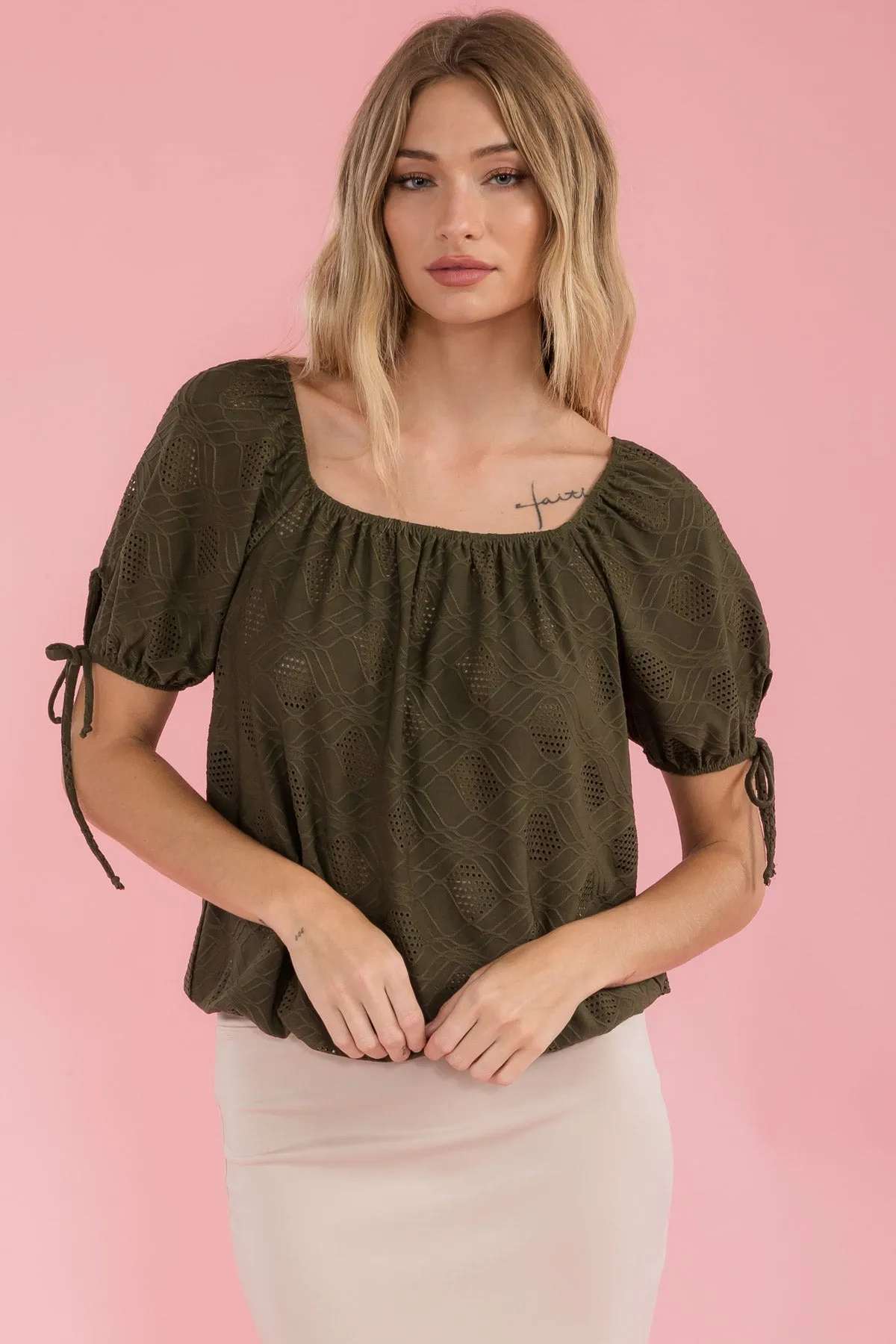 ELASTIC NECK BUBBLE HEM TIE SLEEVE PEASANT TOP