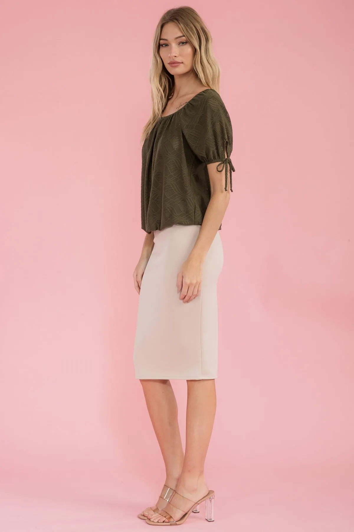 ELASTIC NECK BUBBLE HEM TIE SLEEVE PEASANT TOP