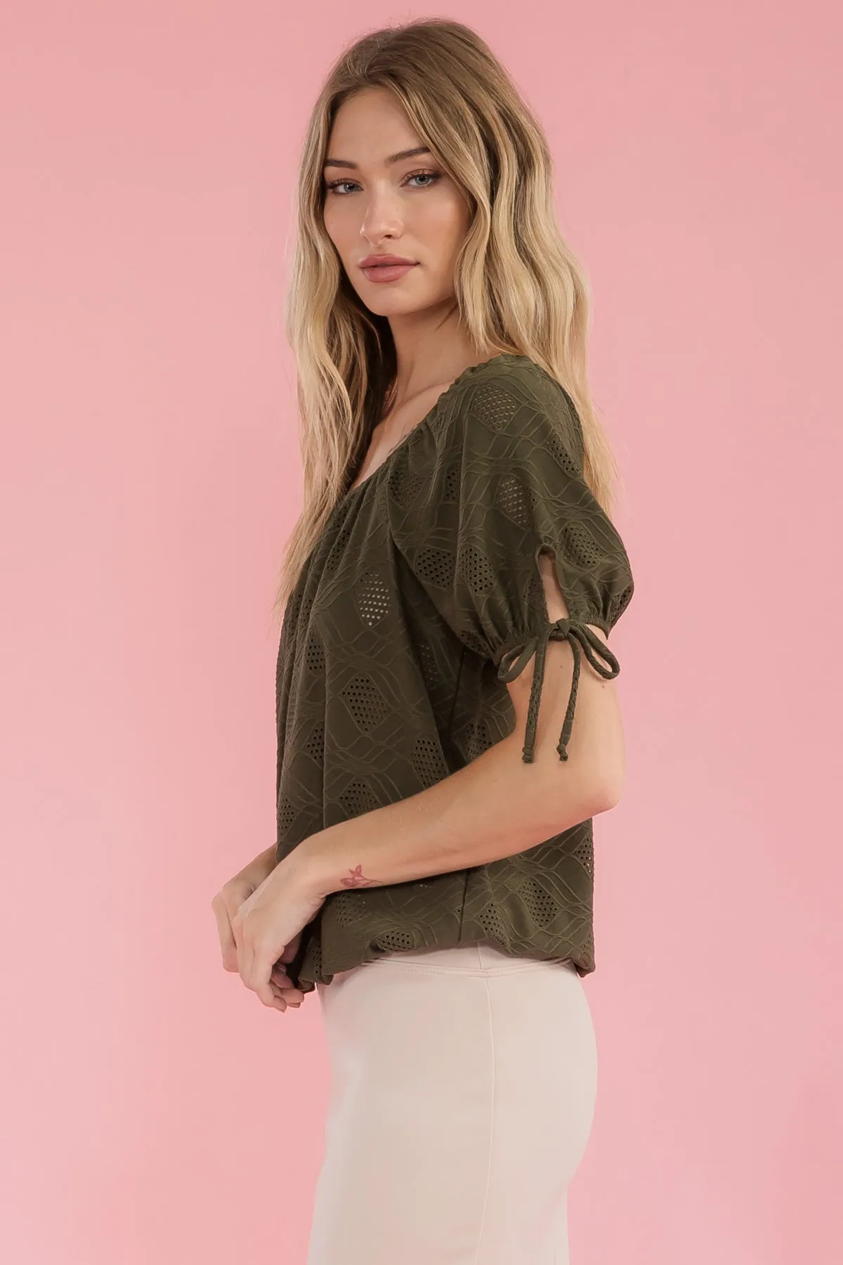 ELASTIC NECK BUBBLE HEM TIE SLEEVE PEASANT TOP