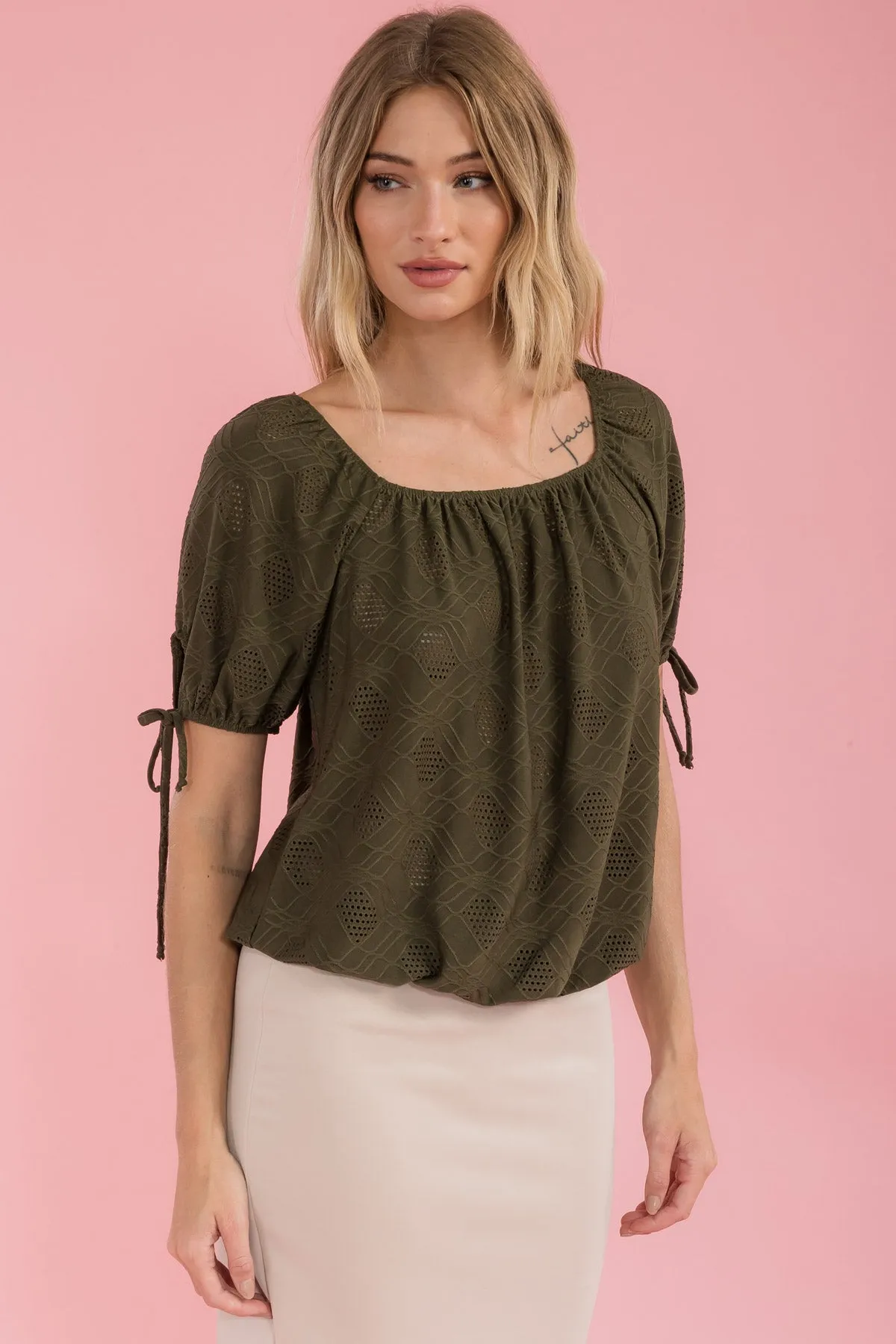 ELASTIC NECK BUBBLE HEM TIE SLEEVE PEASANT TOP