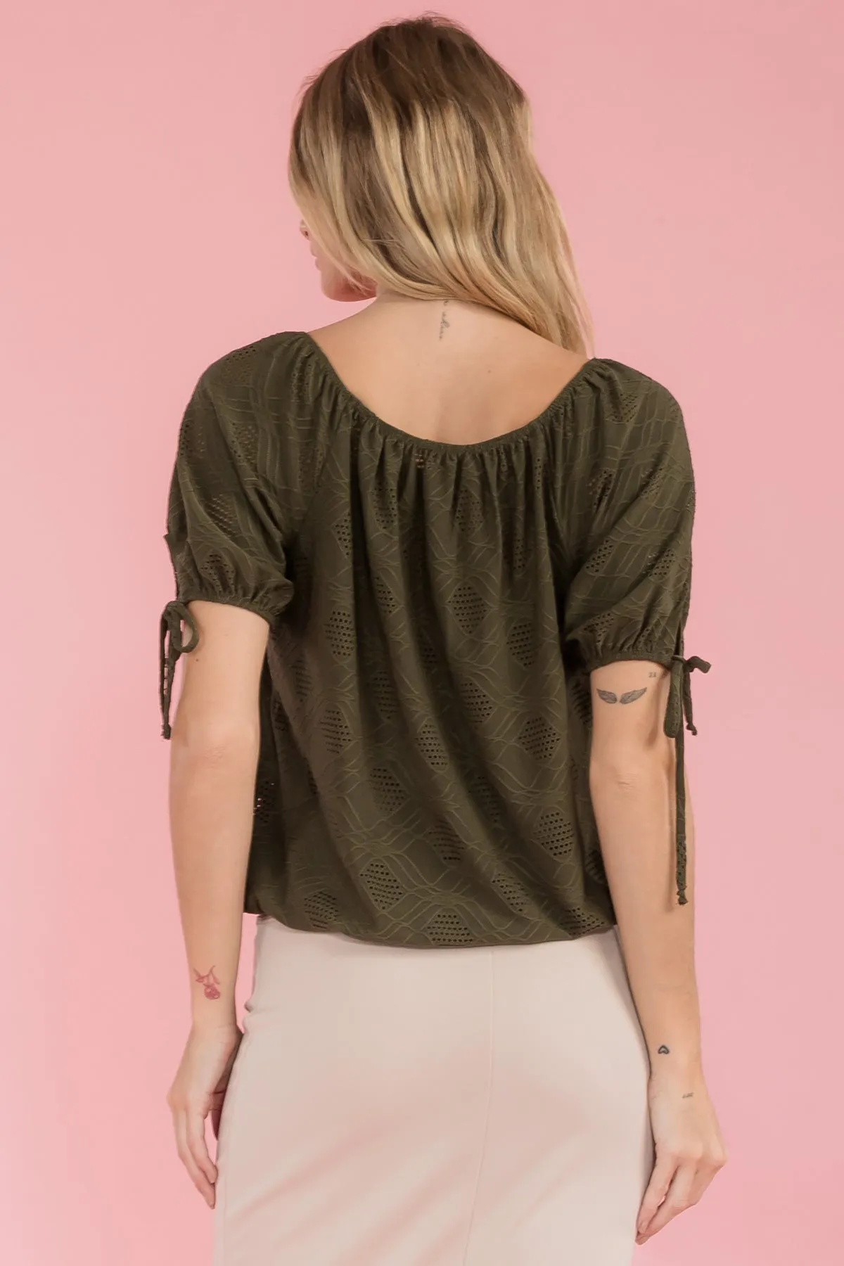 ELASTIC NECK BUBBLE HEM TIE SLEEVE PEASANT TOP